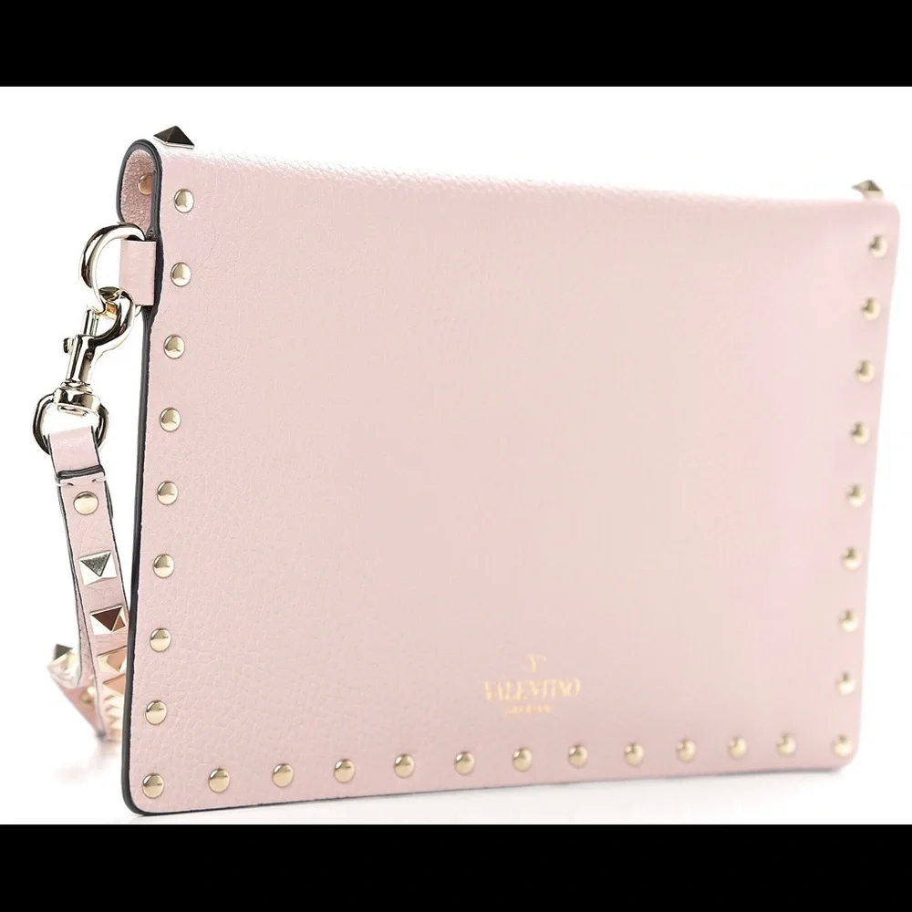 Valentino Pink Rockstud Leather Wristlet Clutch